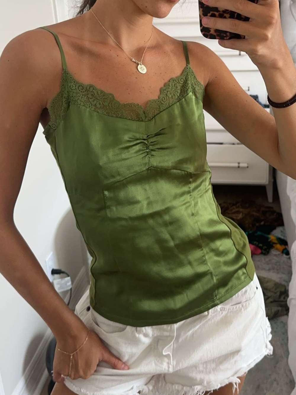 Ann Taylor 100% Silk Olive Green Lace-Trim Tank Top Cami